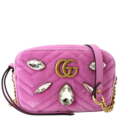 GUCCI GG Marmont Mini Marquise Crystal Velvet Crossbody Bag Pink