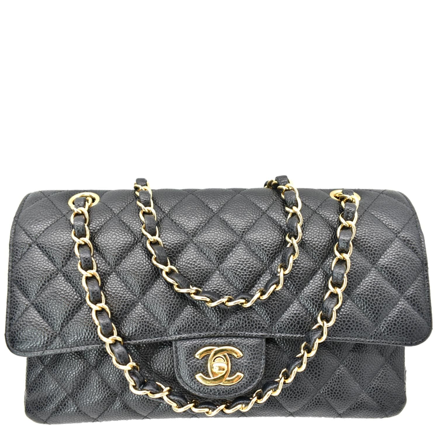 CHANEL Classic Double Flap Medium Caviar Leather Shoulder Bag Black