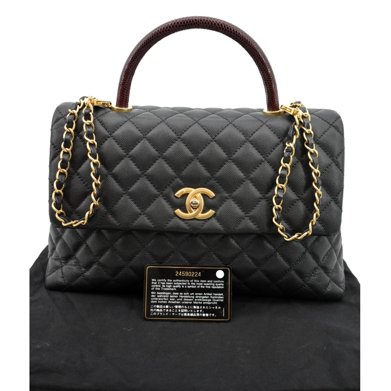 Chanel Black Quilted Caviar Leather and Lizard Coco Handle Large