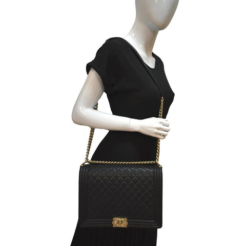 Chanel Large Boy Flap Caviar Leather Shoulder Bag Black - Full View