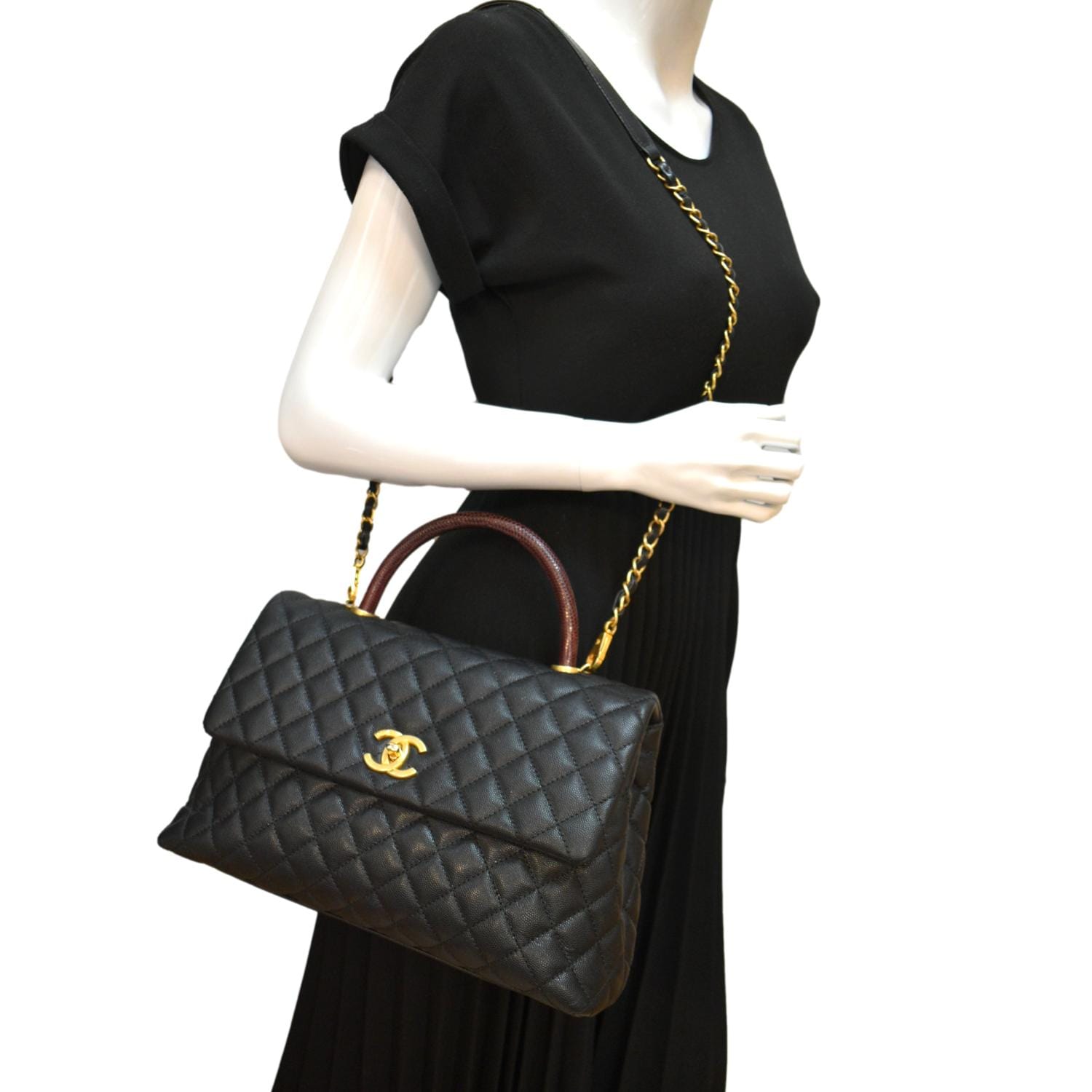 Chanel Small Coco Handle Quilted Black Caviar Lizard Handle Gold