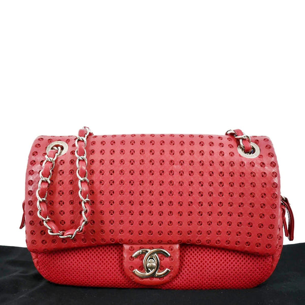 CHANEL Flap Perforated Leather Shoulder Bag Red
