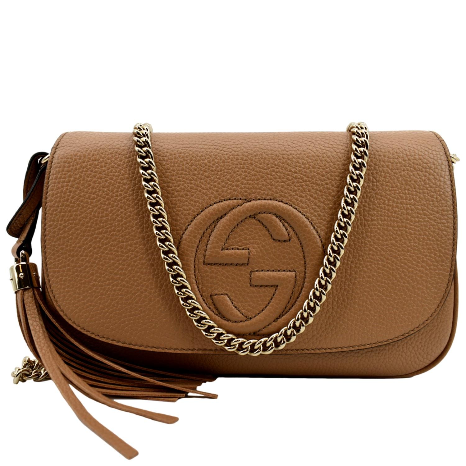 Gucci Soho Chain Flap Leather Crossbody Bag in Brown - Front