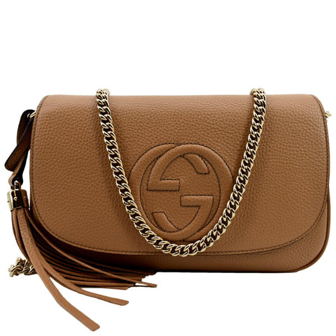 GUCCI Soho Chain Flap Leather Crossbody Bag Brown 536224
