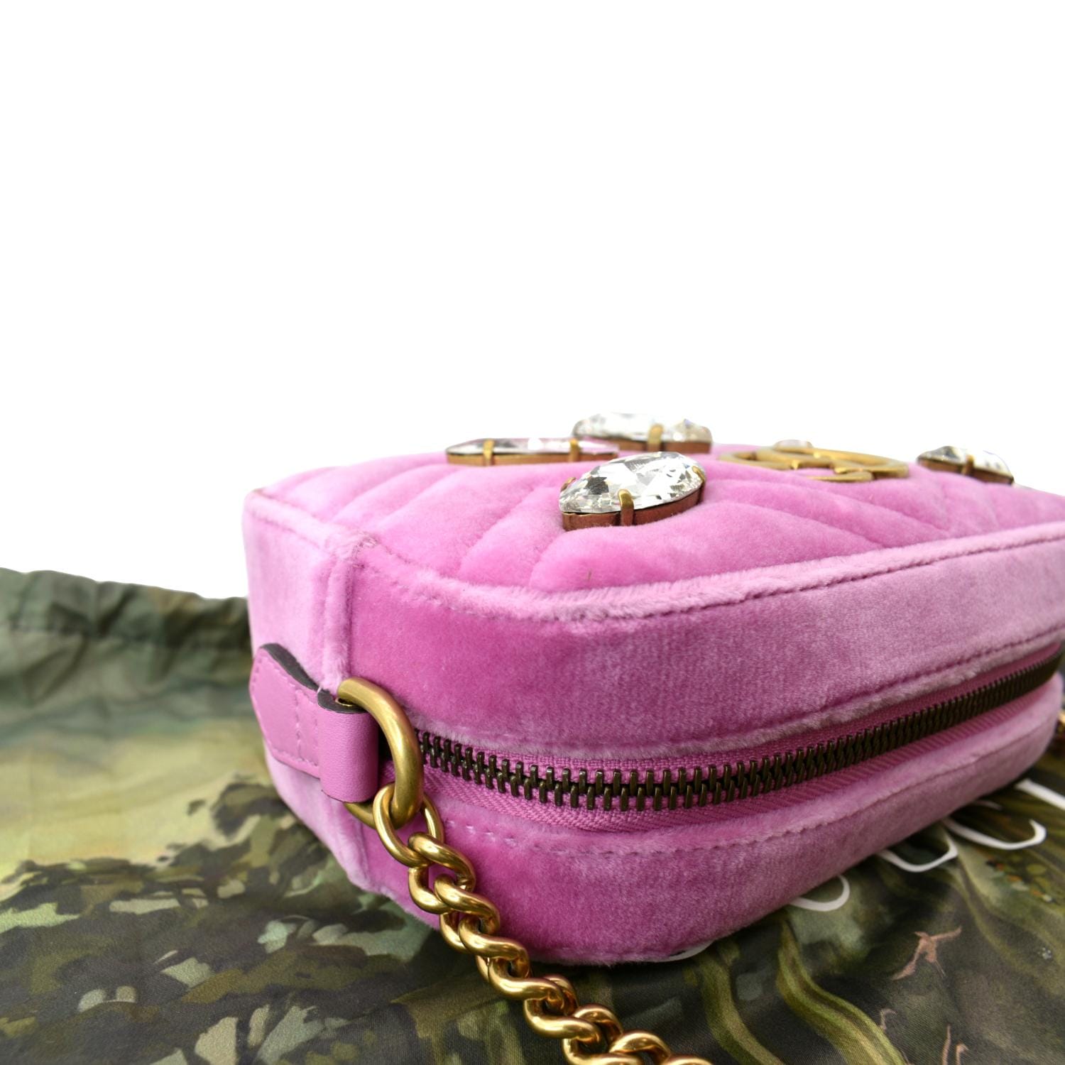 GUCCI GG Marmont Mini Marquise Crystal Velvet Crossbody Bag Pink