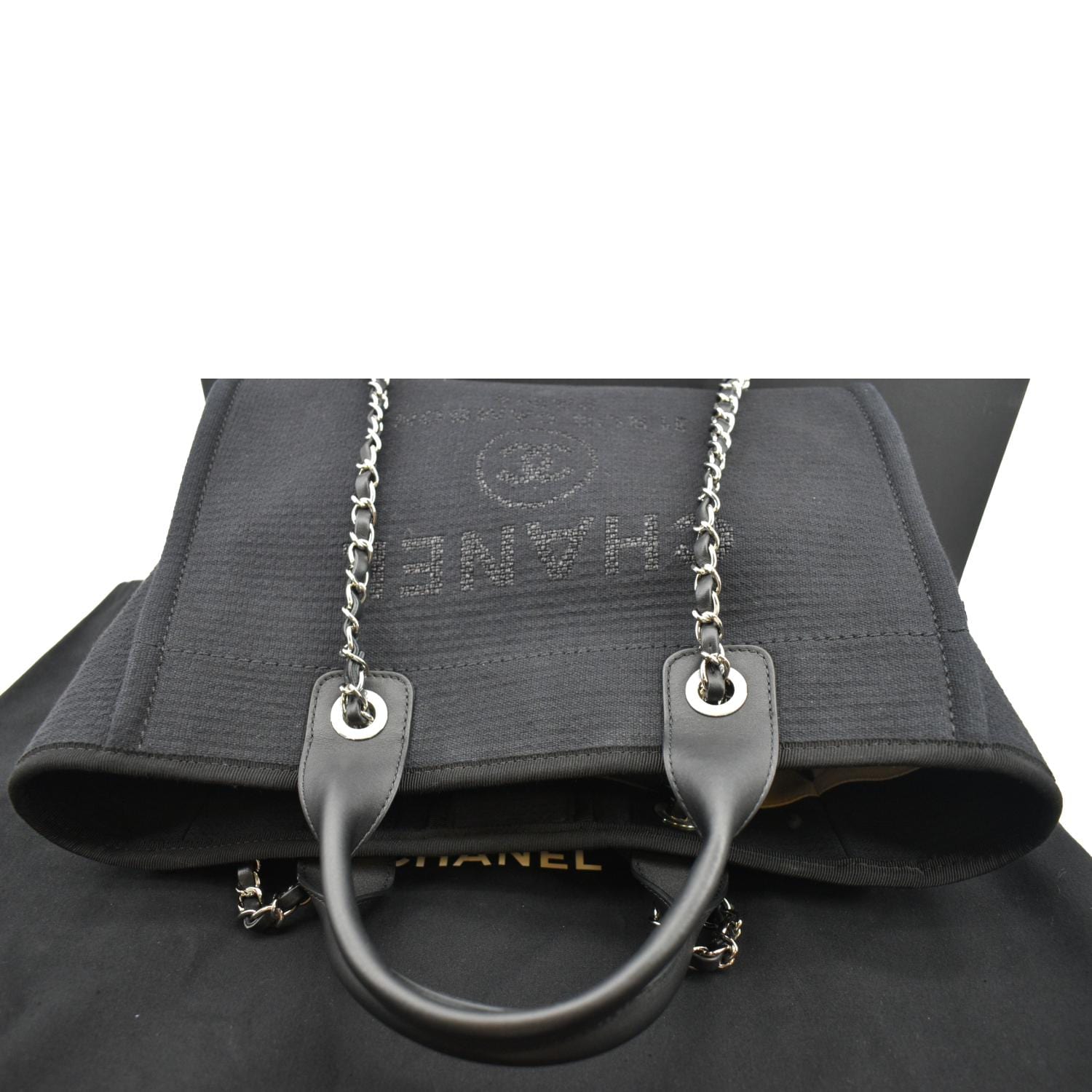 CHANEL Tote Bag Deauville PM canvas/leather gray black Women Used