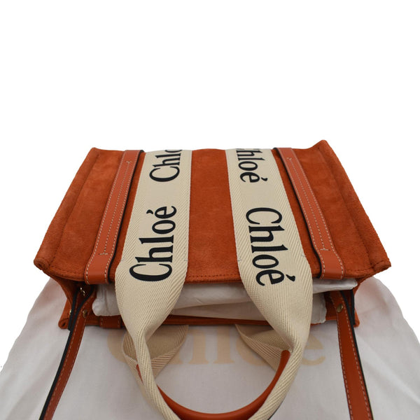 Chloe Woody Logo Small Suede Tote Shoulder Bag Orange - Top