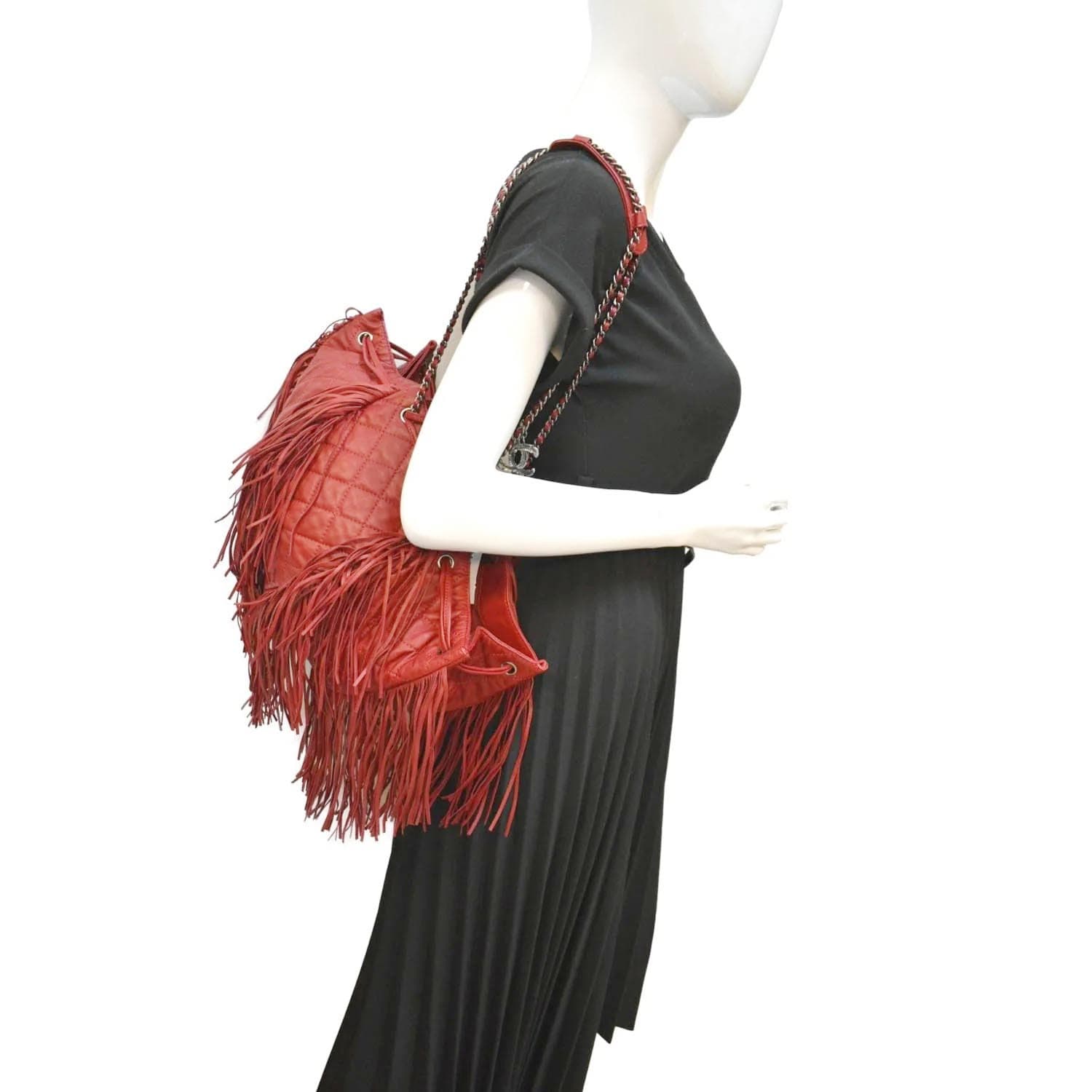 Chanel Paris Dallas Drawstring Fringe Leather Shoulder Bag Red