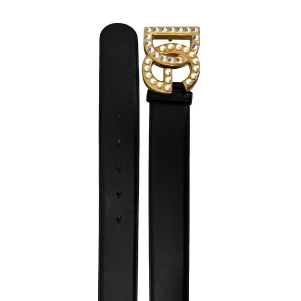 Dolce & Gabbana Logo Rhinestones Leather Belt in Black - Top to Bottom