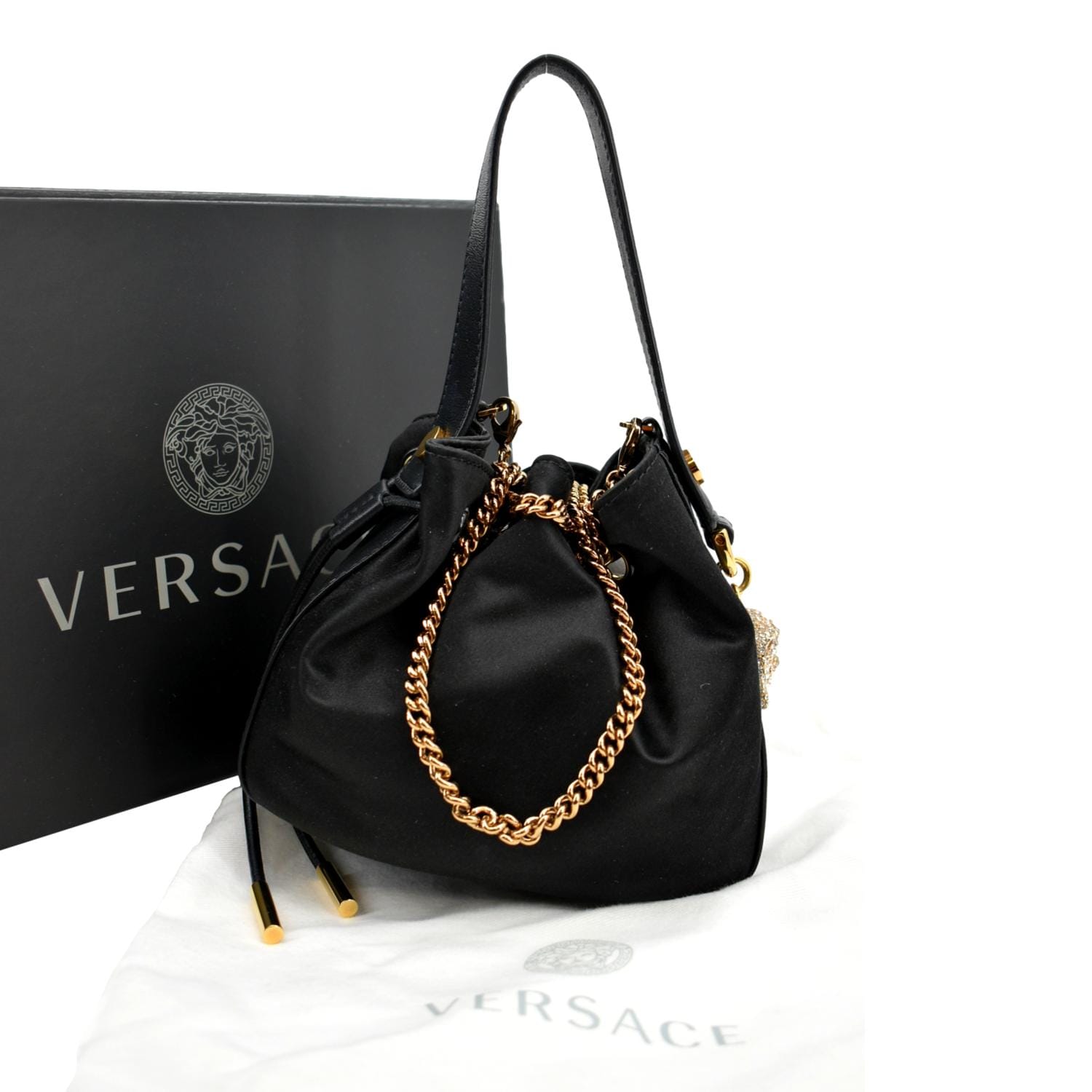 Gianni Versace Couture Vintage Black Drawstring Bucket Bag w/ Medusa Head