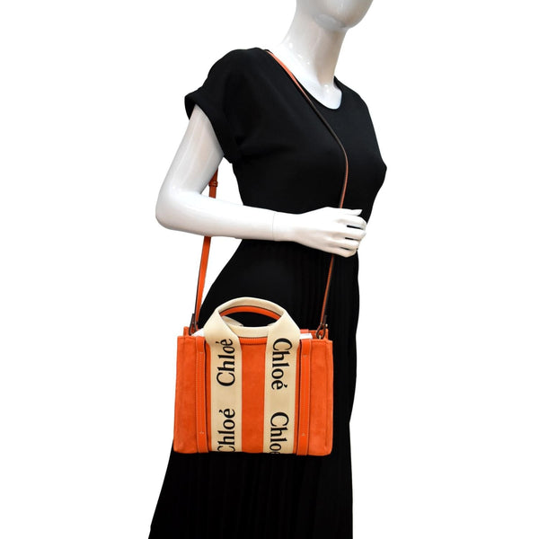Chloe Woody Logo Small Suede Tote Shoulder Bag Orange - Full View