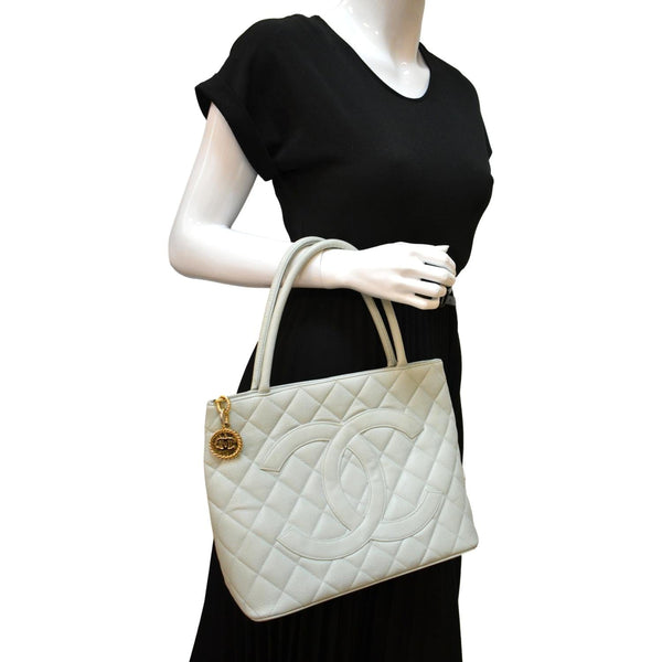 Chanel Medallion Quilted Caviar Leather Tote Bag White - Full View