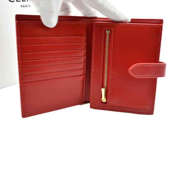 Celine Medium Strap Grained Calfskin Leather Wallet Red - Open