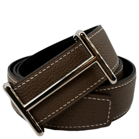 HERMES H d'Ancre Reversible Leather Buckle Belt Beige
