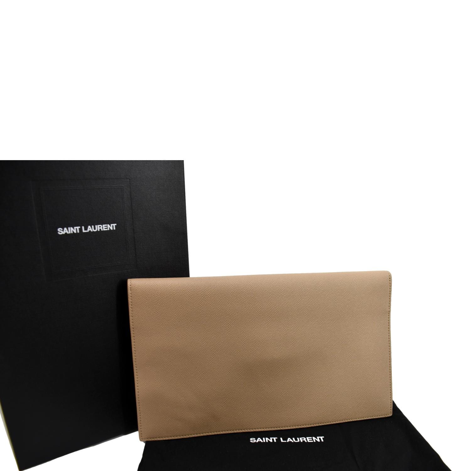 YVES SAINT LAURENT Uptown Envelope Grain De Poudre Leather Clutch Beig
