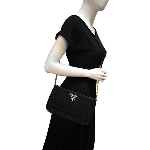 Prada Tessuto Gaufre Nylon Shoulder Bag in Black Color - Full View