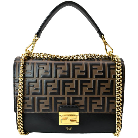 FENDI Kan I FF Logo Embossed Leather Crossbody Bag Brown