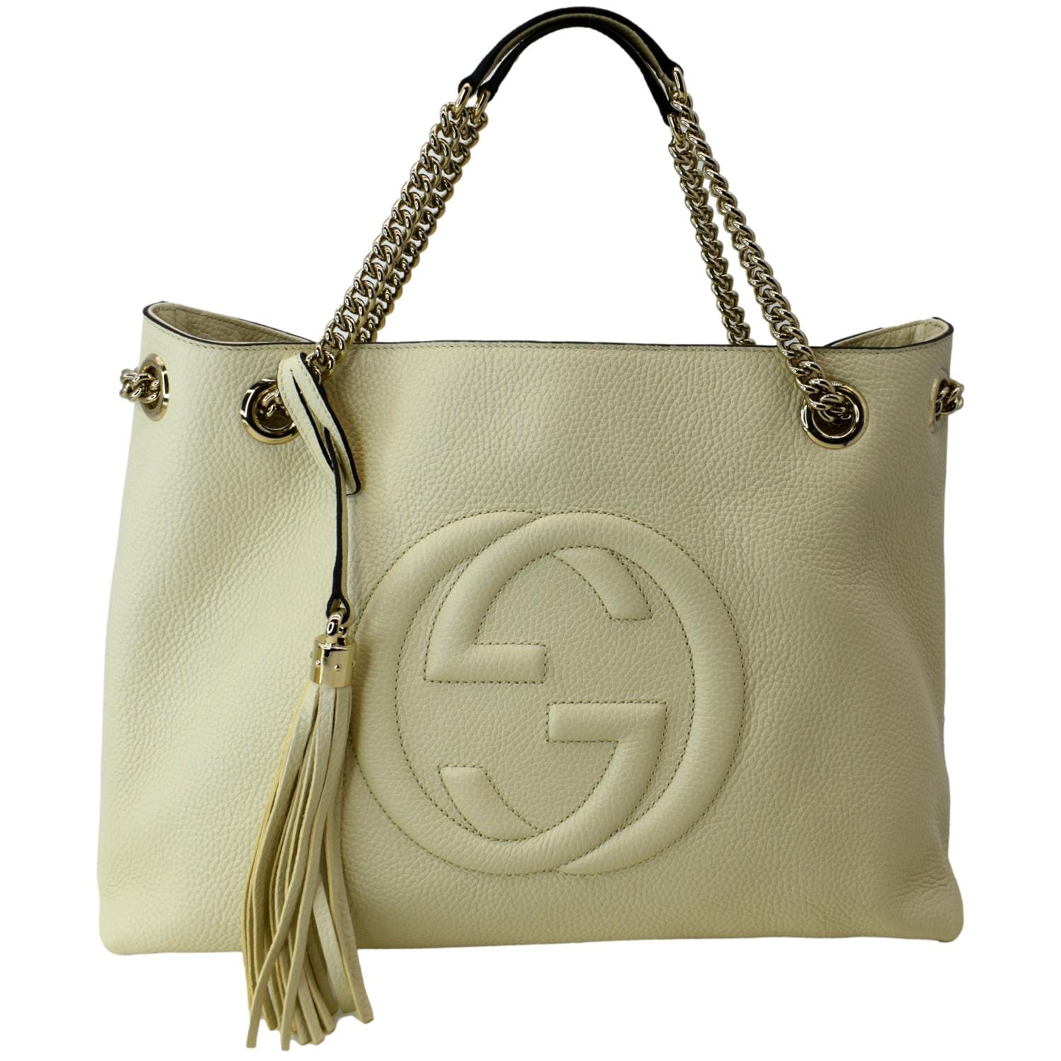 GUCCI Soho Medium Chain Leather Tote Shoulder Bag Ivory 536196