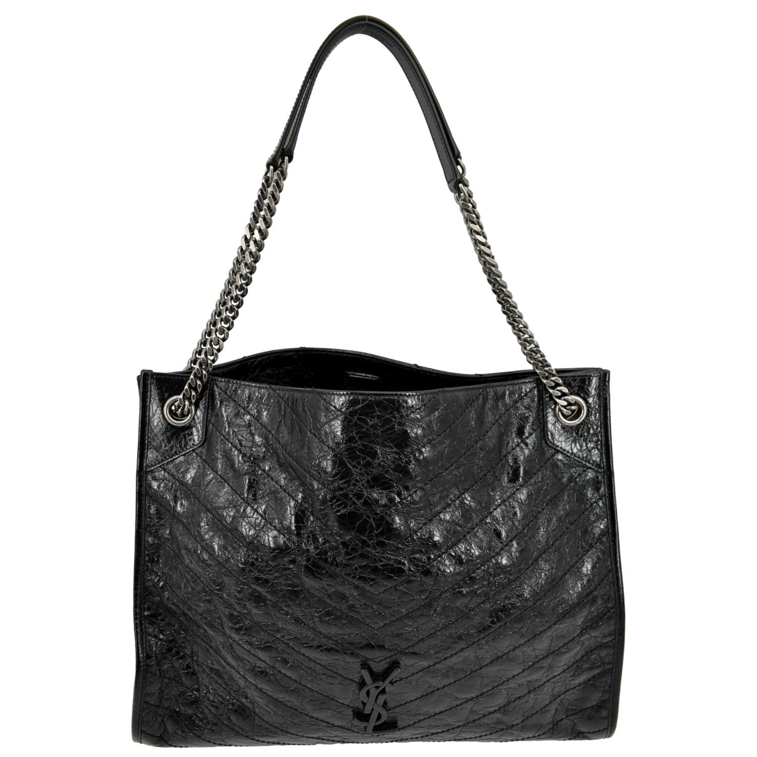 YVES SAINT LAURENT Niki Large Crinkle Leather Shopper Tote Bag Black