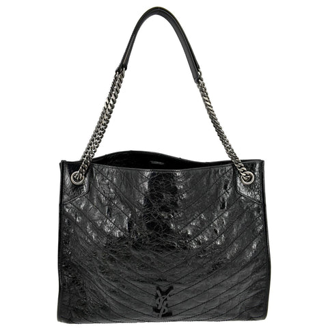 YVES SAINT LAURENT Niki Large Crinkle Leather Shopper Tote Bag Black