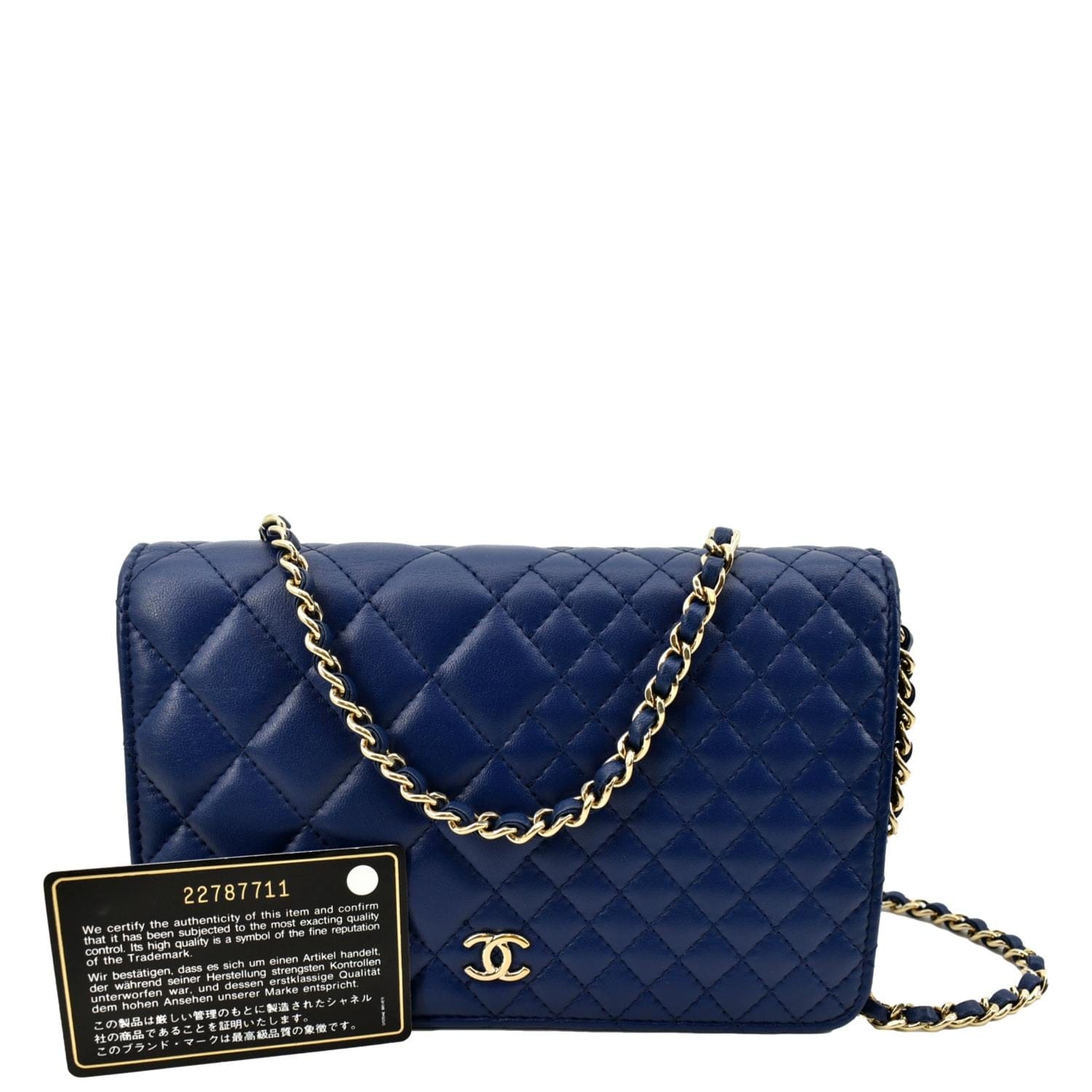 CHANEL Lambskin Quilted Mini Wallet On Chain WOC Neon Blue 801478