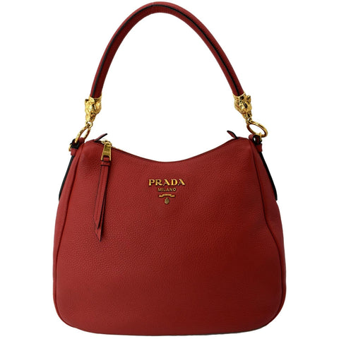 PRADA Vitello Daino Leather Hobo Bag Red