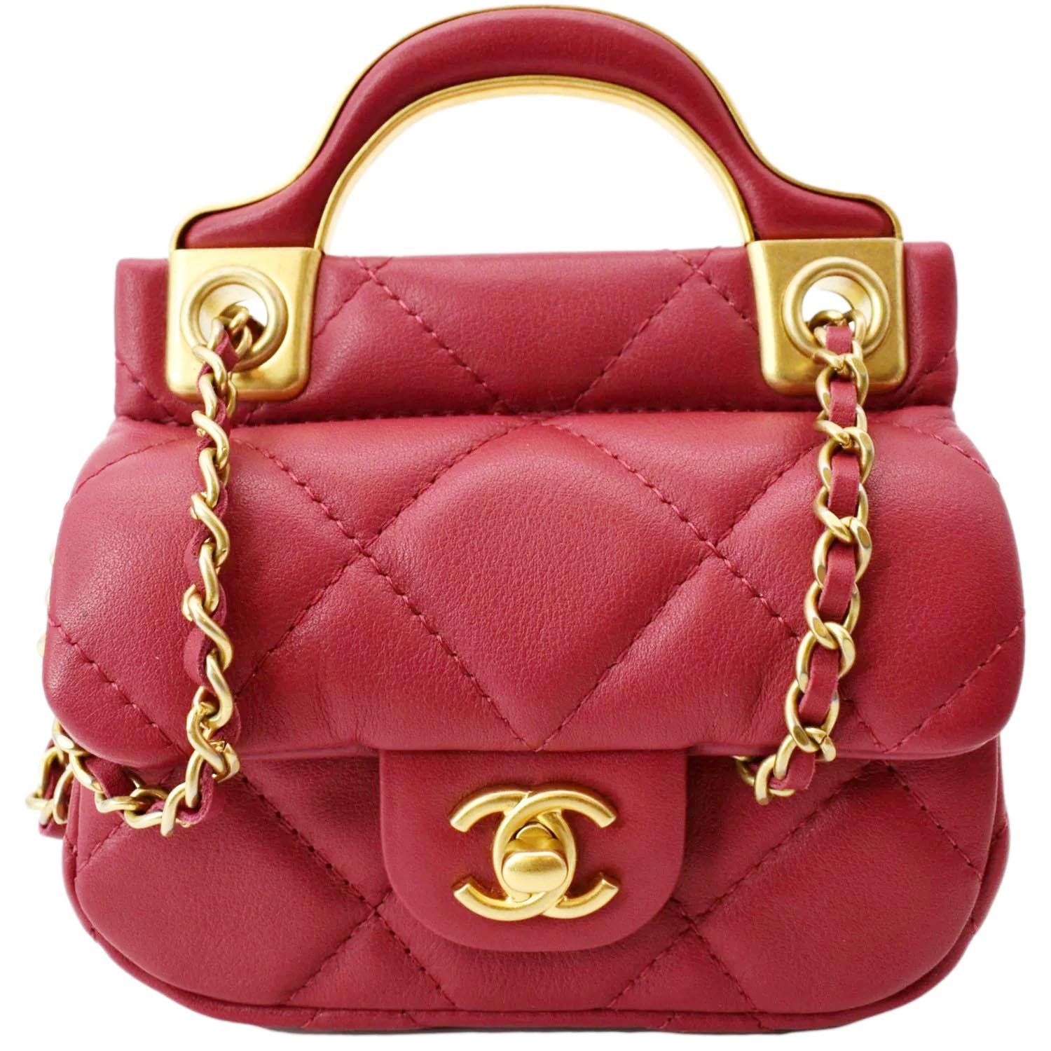 CHANEL Women Top Handle Flap Card Holder Quilted Leather Chain Shoulder Bag Red
