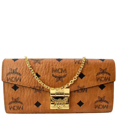MCM Patricia Visetos Monogram Crossbody Chain Wallet Cognac