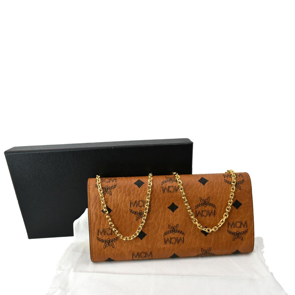 MCM Patricia Visetos Monogram Crossbody Chain Wallet Cognac
