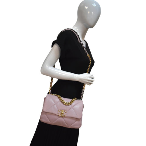 CHANEL 19 Medium Flap Quilted Lambskin Leather Shoulder Bag Pink