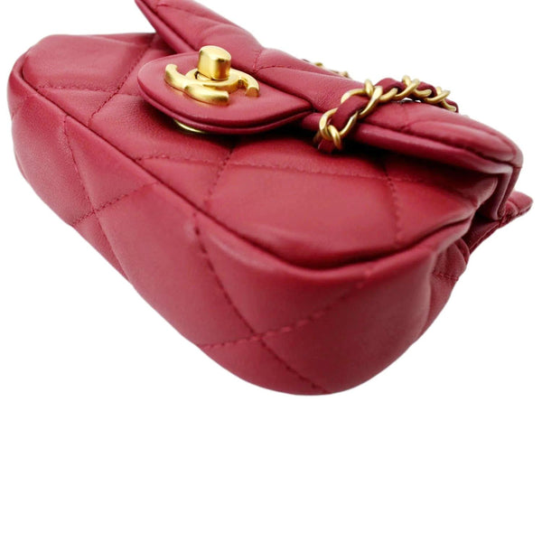 CHANEL Women Top Handle Flap Card Holder Quilted Leather Chain Shoulder Bag Red
