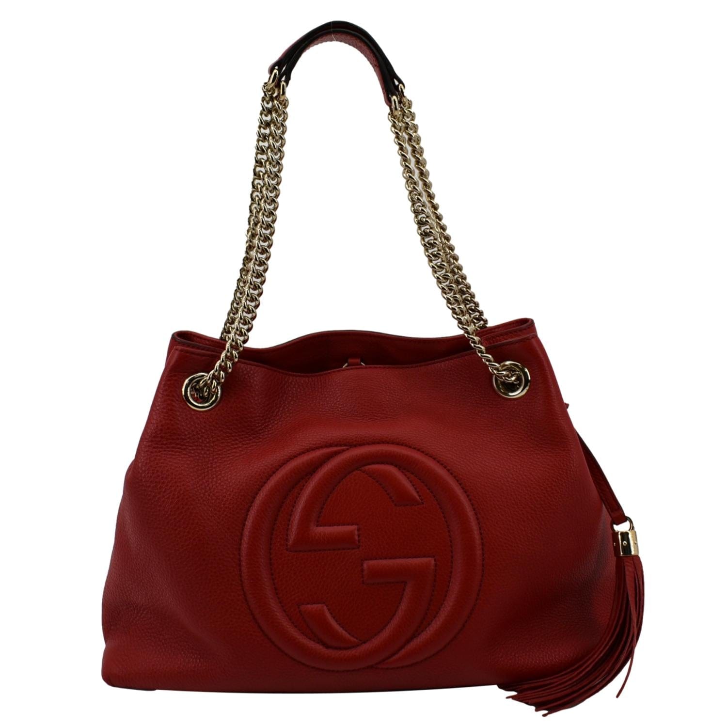GUCCI Soho Pebbled Leather Chain Shoulder Bag Red 308982