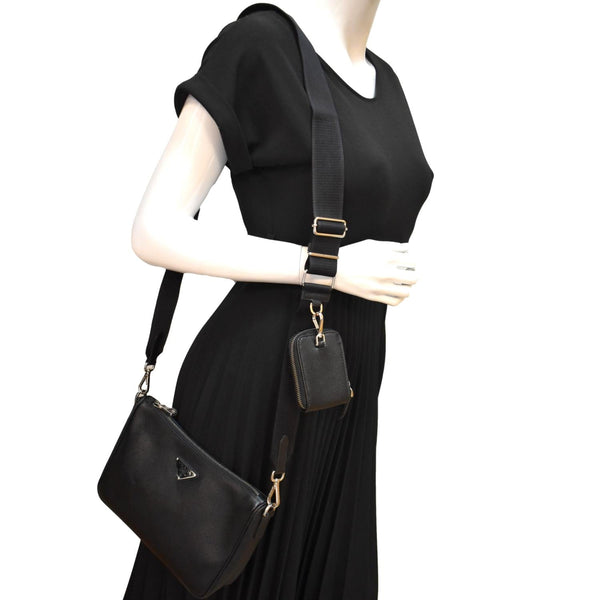 Prada Re-Nylon Saffiano Leather Shoulder Bag in Black - Full View