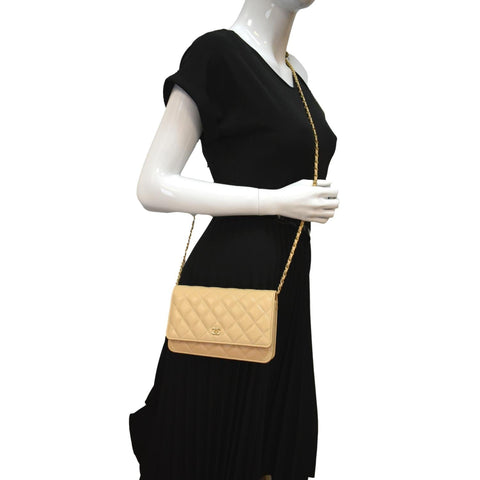 CHANEL CC WOC Leather Wallet On Chain Crossbody Bag Camel