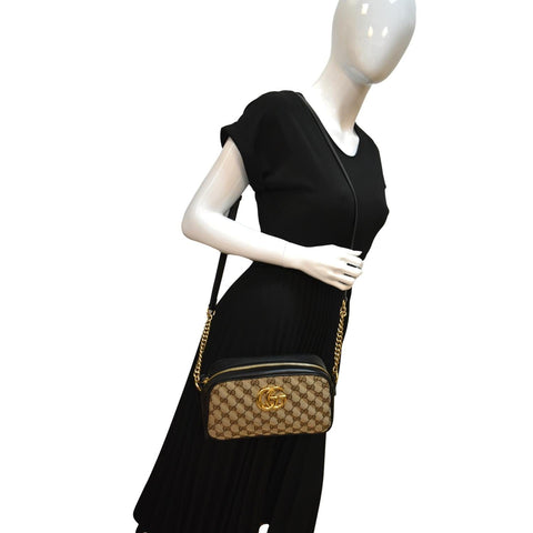 GUCCI GG Marmont Small Matelasse Canvas Leather Crossbody Bag Beige 447632