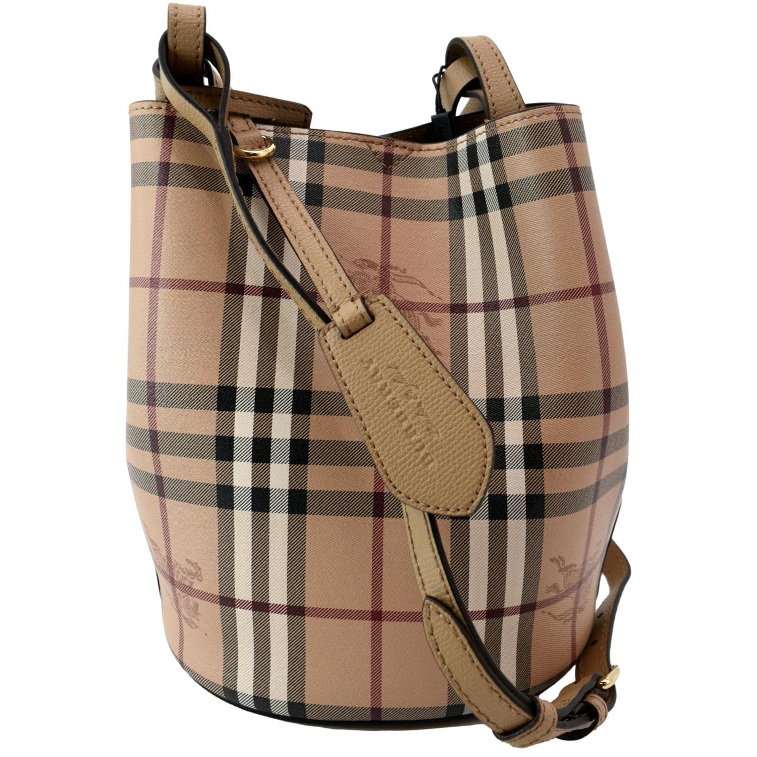 BURBERRY Bucket Haymarket Check Canvas Crossbody Bag Beige