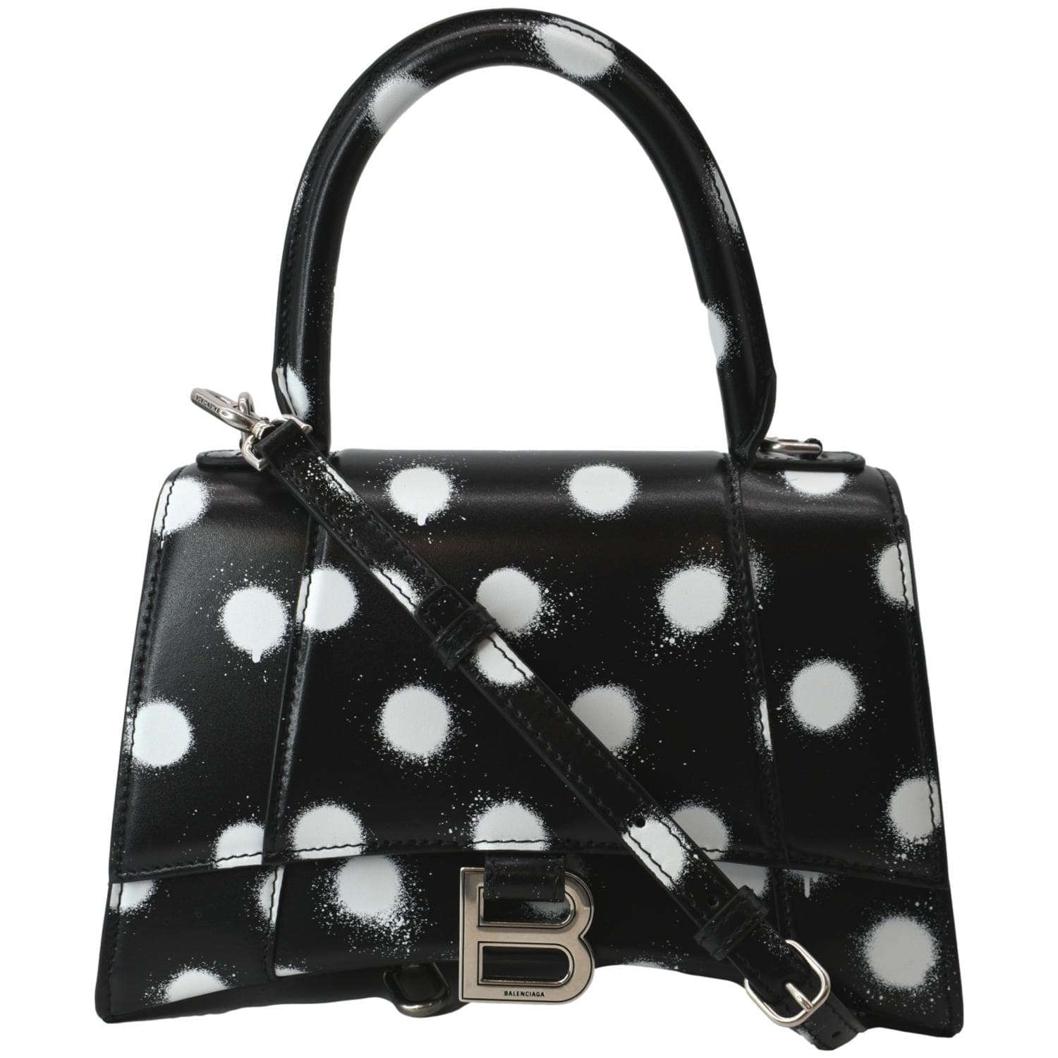 BALENCIAGA Women Hourglass Polka Dot Leather Tote Shoulder Bag Black
