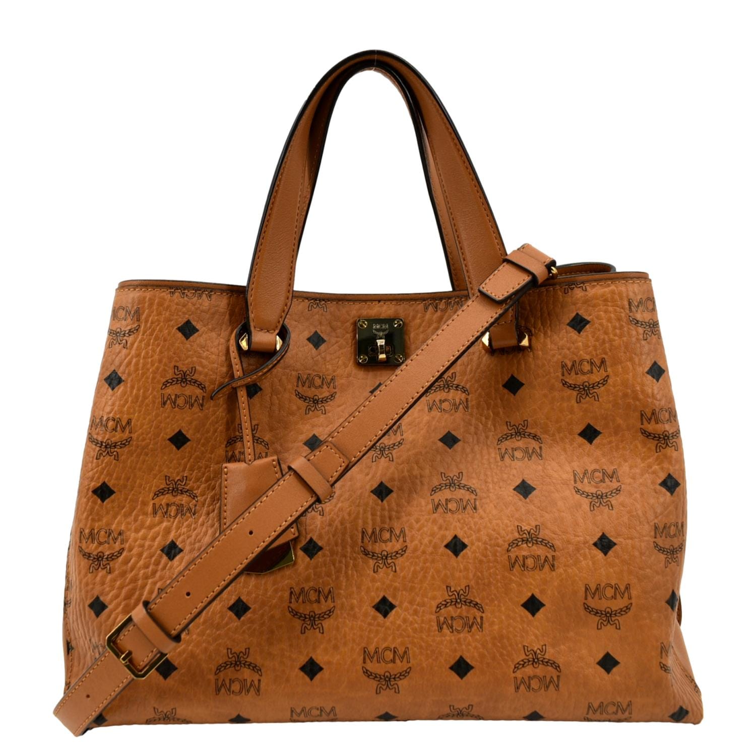 MCM Large Essential Visetos Monogram Print Tote Bag Cognac