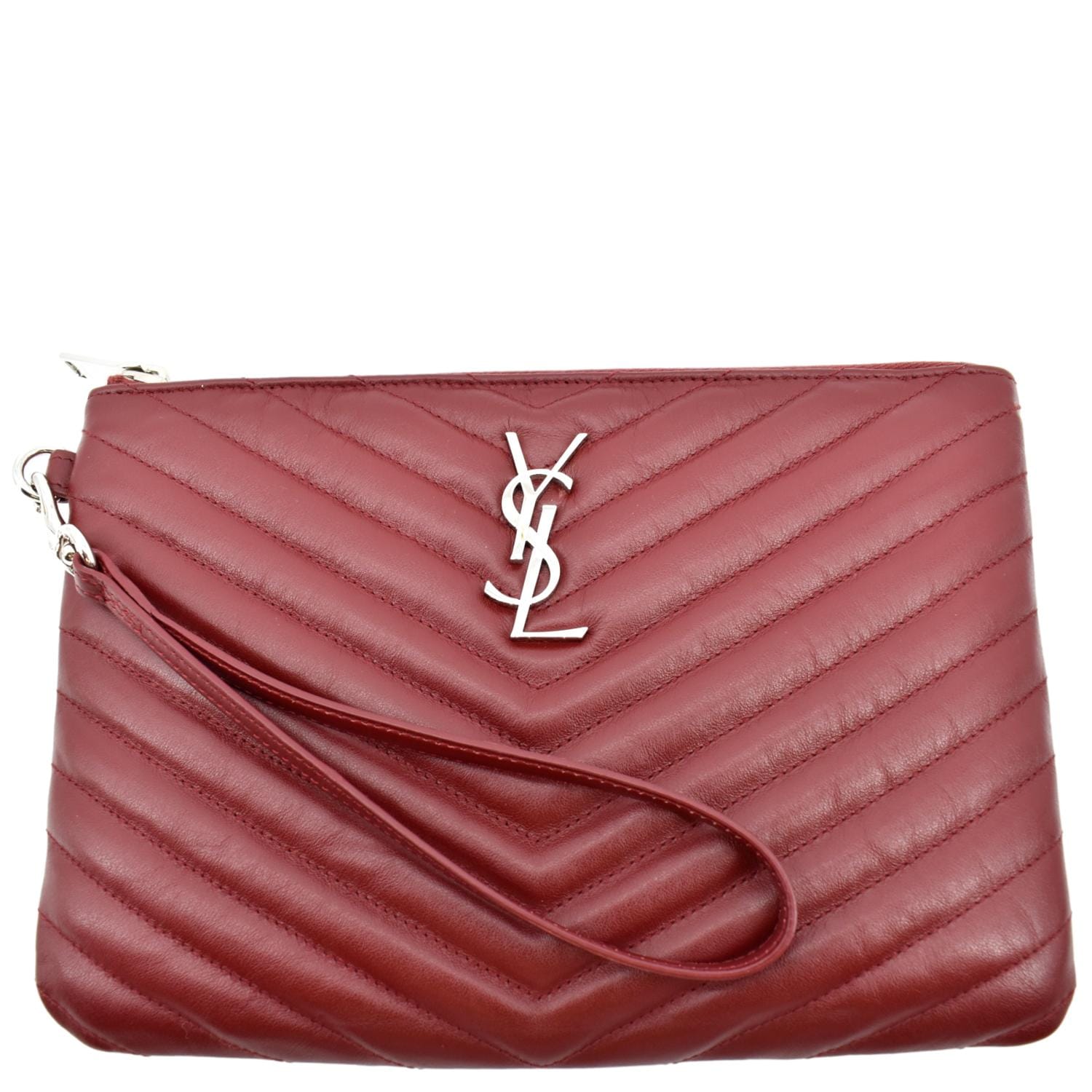Yves Saint Laurent Monogram Leather Pouch Maroon - Front