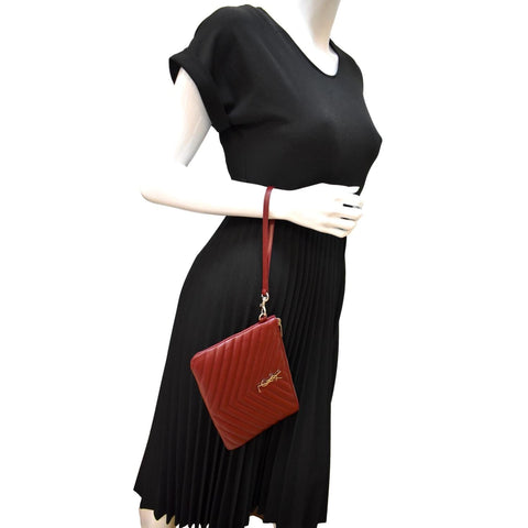 Yves Saint Laurent Monogram Leather Pouch Maroon - Full View