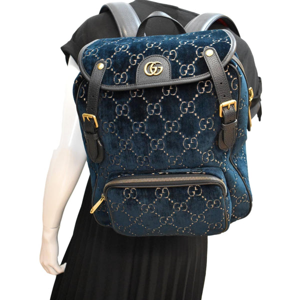 Gucci GG Monogram Small Velvet Double Buckle Backpack Bag - Full View