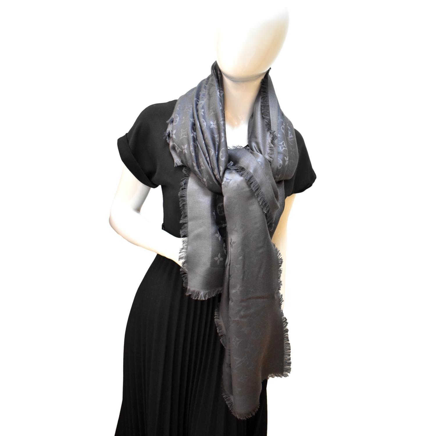 LOUIS VUITTON Monogram Scarf Grey Silk