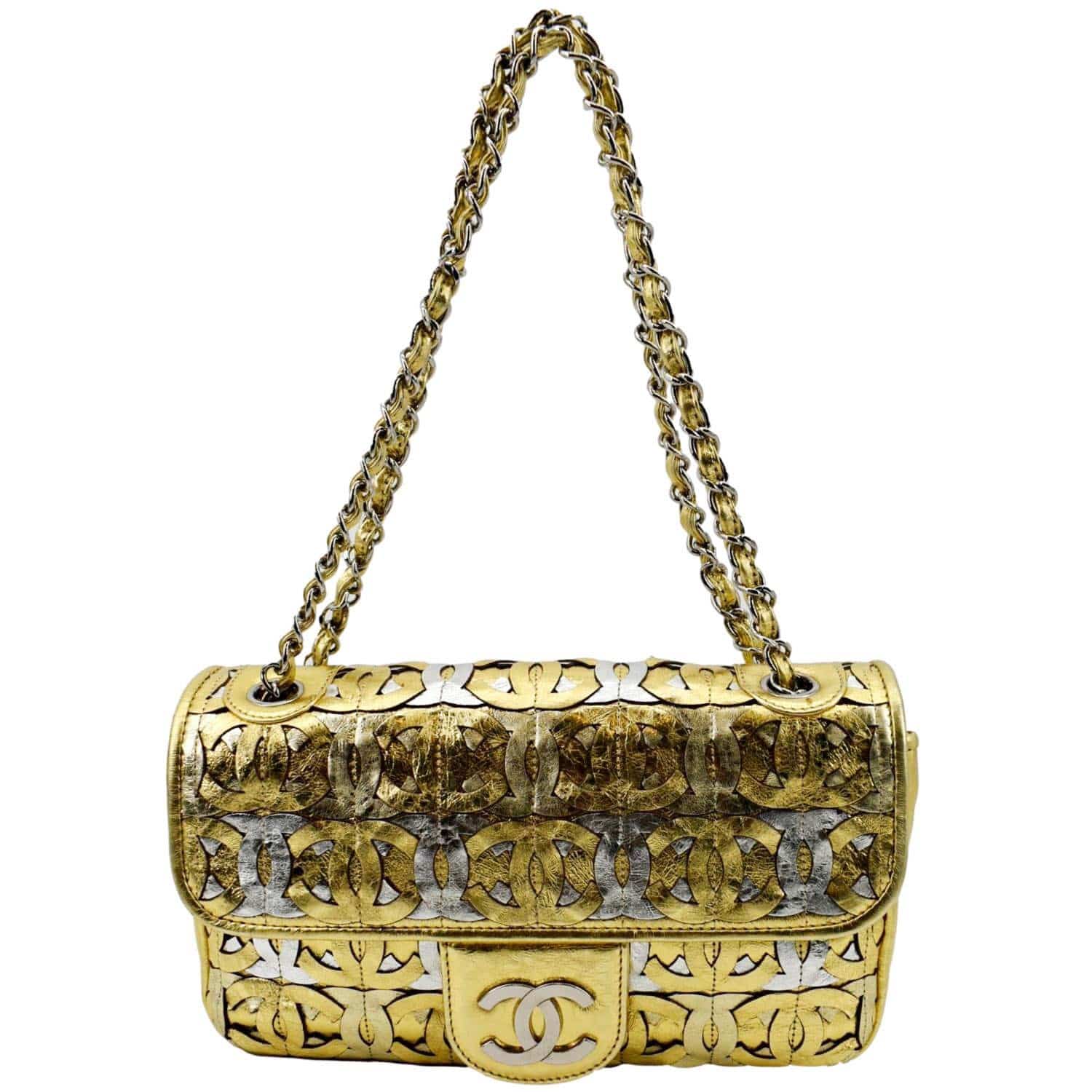 CHANEL Mix Medium Flap CC Crackled Calfskin Shoulder Bag Silver Gold