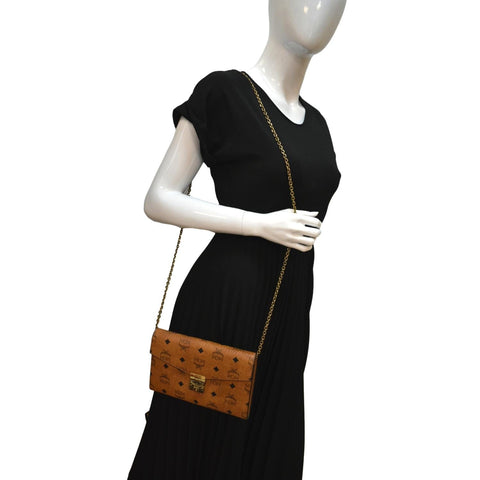 MCM Tracy Visetos Canvas Crossbody Chain Wallet Cognac