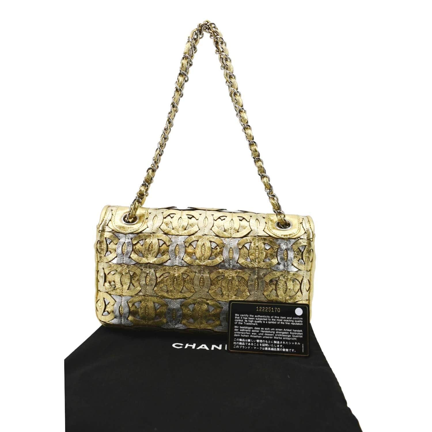 CHANEL Mix Medium Flap CC Crackled Calfskin Shoulder Bag Silver Gold