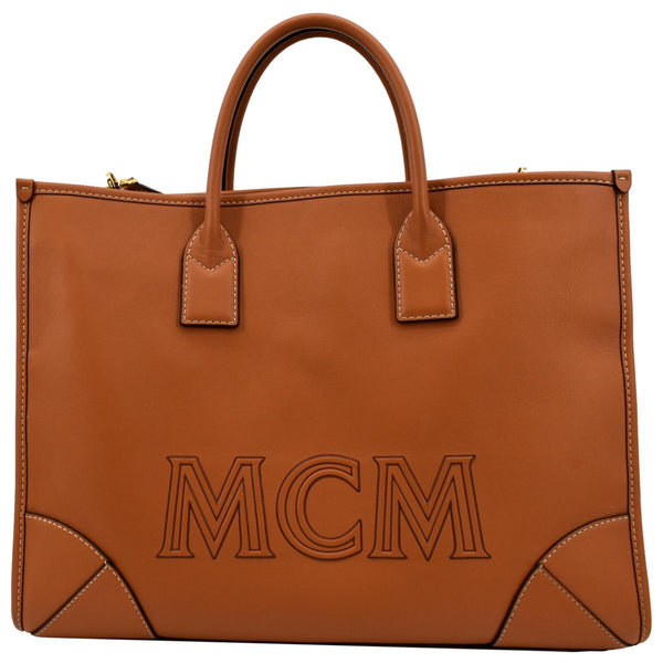 MCM Munchen Monogram Calfskin  Leather Tote Shoulder Bag Cognac