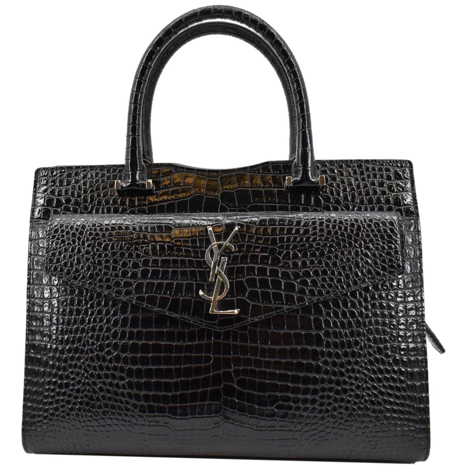 YVES SAINT LAURENT Uptown Crocodile Calfskin Embossed Tote Bag Black
