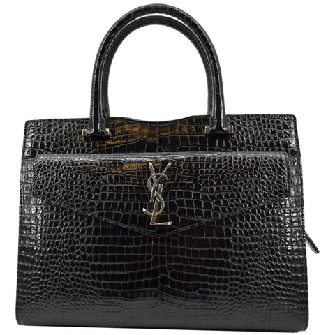 YVES SAINT LAURENT Uptown Crocodile Calfskin Embossed Tote Bag Black