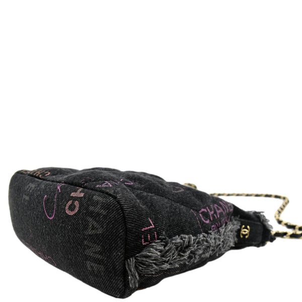 CHANEL Denim Mood Logo Printed Quilted Fringe Denim Chain Bucket Bag Black