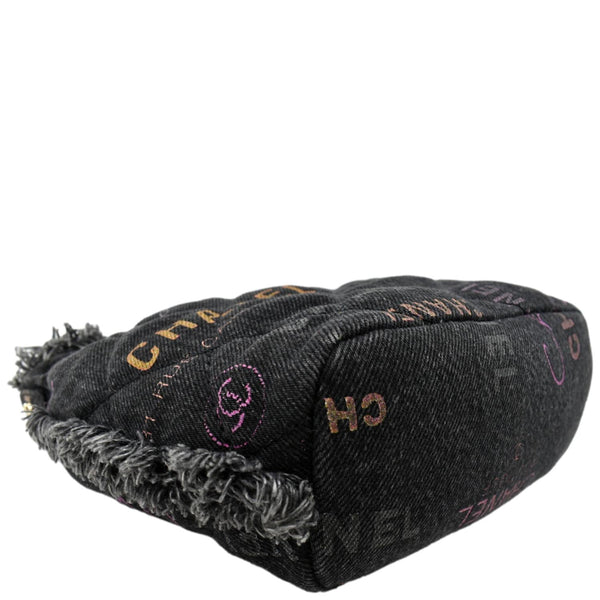 CHANEL Denim Mood Logo Printed Quilted Fringe Denim Chain Bucket Bag Black
